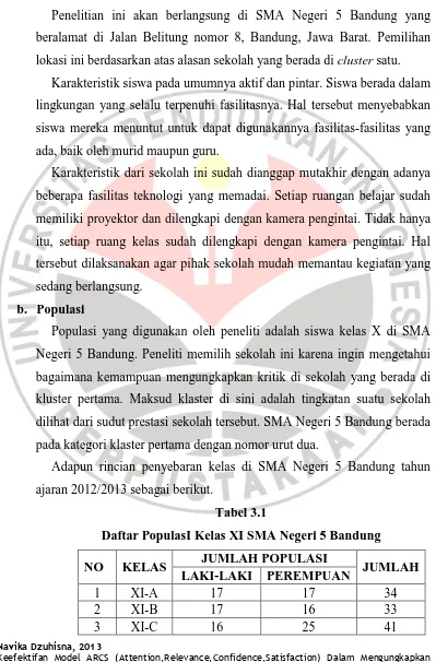 Tabel 3.1 Daftar PopulasI Kelas XI SMA Negeri 5 Bandung 
