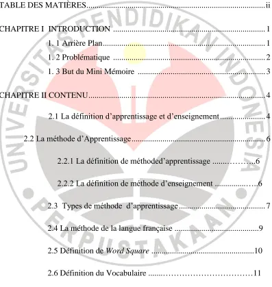 TABLE DES MATIÈRES......................................................................................