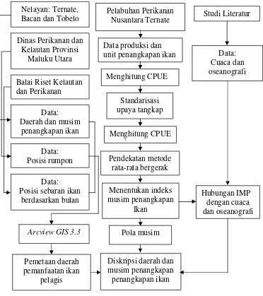 Gambar 4  Tahapan analisis pola musim penangkapan ikan dan hubungannya    dengan kondisi lingkungan dan daerah penangkapan ikan di Provinsi Maluku Utara 