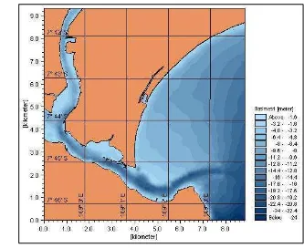 Gambar 8.  Batimetri Perairan Cilacap Hasil Survey Sounding Dasar Laut (Sumber: JANHIDROS, 2007)  