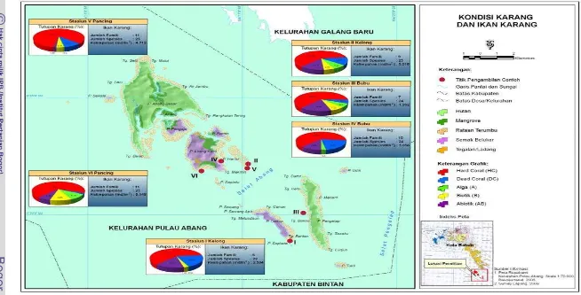 Gambar 7 Pola sebaran ikan dan prosentase tutupan karang di lokasi penelitian 