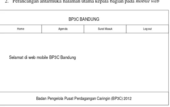 Gambar 3.50 Perancangan antarmuka halaman utama kepala bagian pada  mobile web  3.  Perancangan antarmuka agenda kepala bagian pada mobile web 