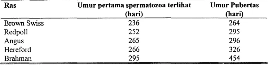 Tabel 1. Waktu pubertas yang dialarni beberapa bangsa sapi (Randel 1990) 