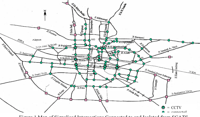Figure 1 Map of Signalised Intersections Connected to and Isolated from SCATS     =  isolatedin Bandung, Indonesia (AWA Plessey, 1996)