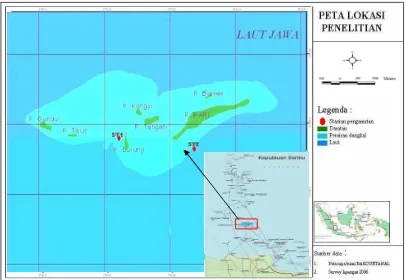Gambar 5  Lokasi penelitian dan stasiun pengamatan transplantasi  spons di pulau   Pari, Kepulauan Seribu   