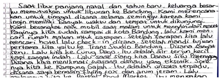 Gambar 4: Potongan Cerita Pendek Siklus I Terkait Kesesuaian Cerita dengan Tema  tersebut ditulis oleh siswa S05 dengan judul “Trip 