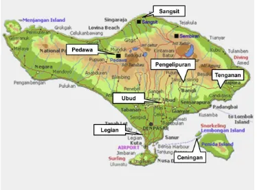 Fig. 1. Map of Bali Island: locations of the seven villages involved in the study.