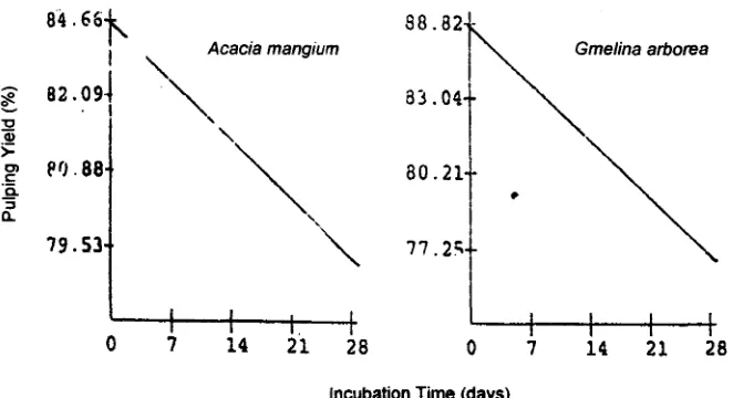 Figure 2. Relationship between pulping yield and incubation time of acacia and gmelina wood chips