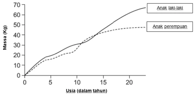 Grafik di atas menunjukkan hubungan antara pertambahan usia dengan massa antara anak 