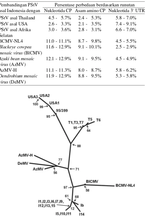 Tabel 2. Tingkat perbedaan runutan nukleotida dan asam amino coat pro-