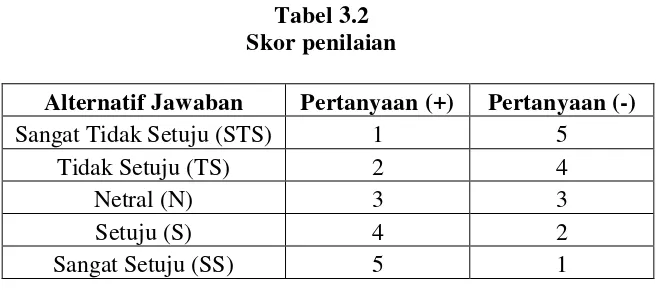 Tabel 3.2 Skor penilaian 