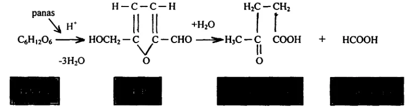 Gambar 1. Reaksi Pembentukan HMF, Asam Levulinat, dan Asam Format dari 