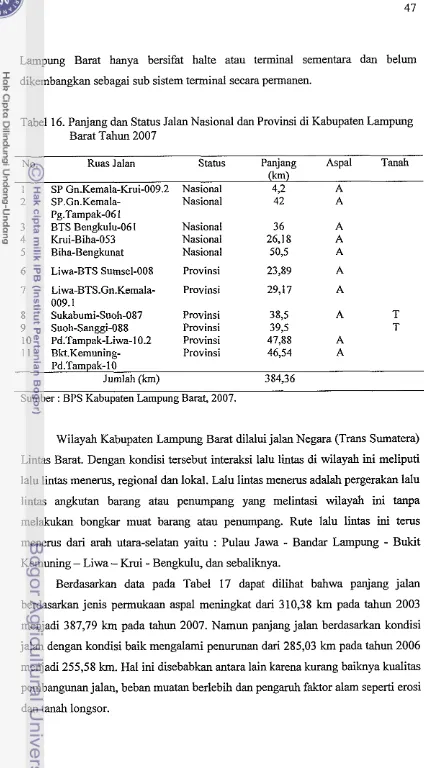 Tabel 16. Panjang dan Status Jalan Nasional dan Provinsi di Kabupaten Lampung 