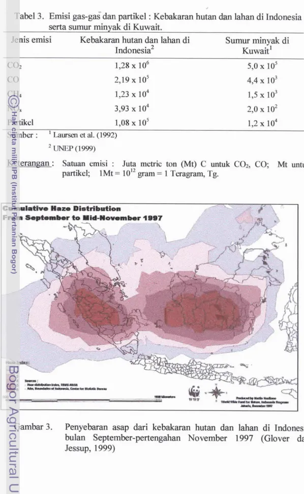 Tabel  3.  Emisi  gas-&amp;  drtn  partikel  :  K e h d a m  hutan  dm  lahan  di  Indonesia 
