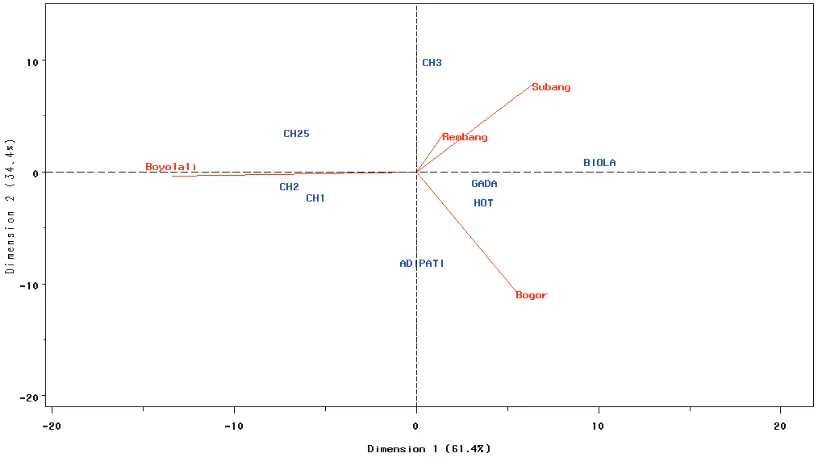Gambar 1. Biplot pengaruh interaksi model AMMI2 untuk data hasil cabai hibrida (kesesuaian model 95.8%)