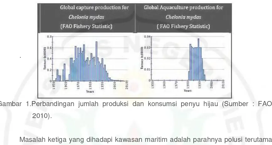 Gambar 1.Perbandingan jumlah produksi dan konsumsi penyu hijau (Sumber : FAO
