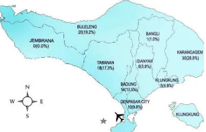 Figure 2. Map of Bali Province and distribution of human rabies during November 2008-November 2010 