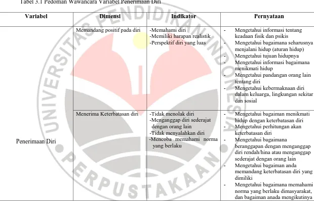 Tabel 3.1 Pedoman Wawancara Variabel Penerimaan Diri 