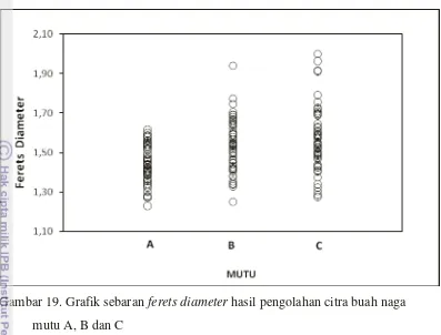 Gambar 19. Grafik sebaran ferets diameter hasil pengolahan citra buah naga  
