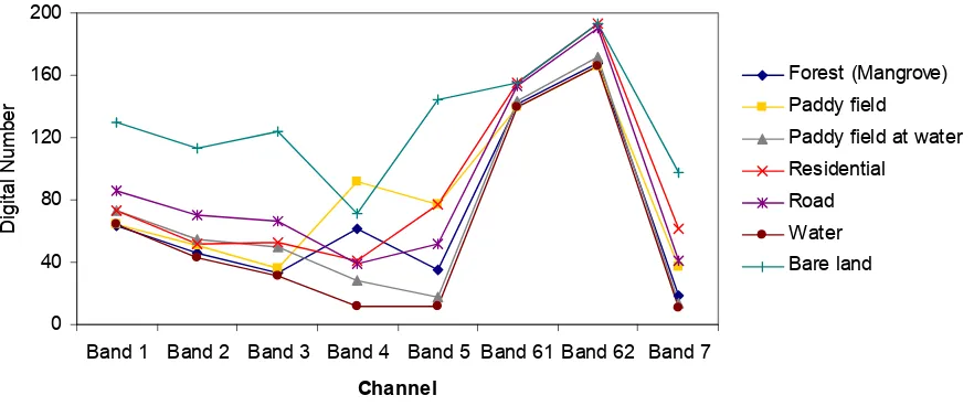 Figure 2. Spectral profiles for seven classes of land cover in Denpasar city. Values were derived from an average of 20 pixels for each class of land cover