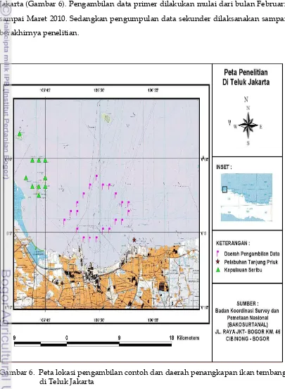 Gambar 6.  Peta lokasi pengambilan contoh dan daerah penangkapan ikan tembang 