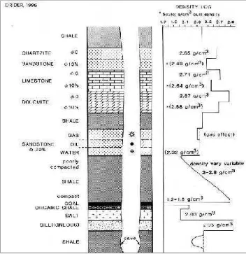 Gambar 7. Respon log densitas terhadap berberapa jenis batuan dengandensitas total dari batuan meliputi matriks padat dan fluidayang mengisi pori, (Rider, 1996)