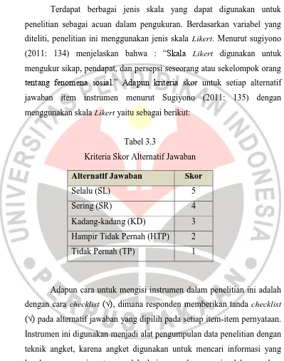 Tabel 3.3 Kriteria Skor Alternatif Jawaban 