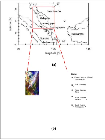 Figure 1 : (a) Study area, and (b) Combination of band 1 (0.58 - 0.68 m), 2 (0.725 - 1.00 m) and 4(10.30 - 11.30  m)  of NOAA-14 AVHRR data dated 22 September 1997, were used todifferentiate between haze (orange), low clouds (yellow) and high clouds (wh