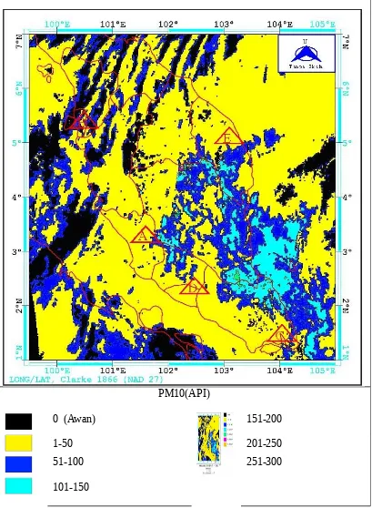 Figure 5 : PM 10 concentration map of Peninsular Malaysia for 26 September 1997, 7.29 GMT 