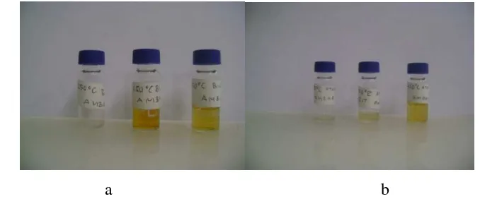 Gambar 14. Cairan pirolisis a) tanpa katalis dan b) dengan penambahan 