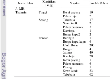 Tabel 20 Data klasifikasi tinggi pohon di  Jalan MH. Thamrin 