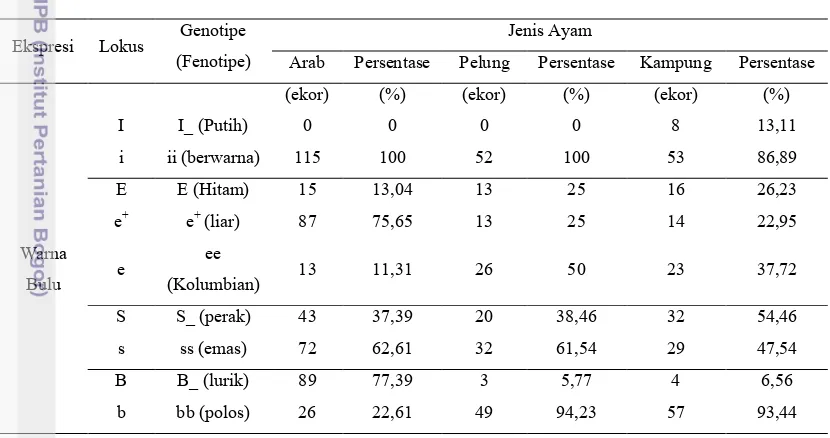 Tabel 2. Persentase Fenotipe Warna, Pola, Kerlip dan Corak Bulu pada Ayam Arab, 