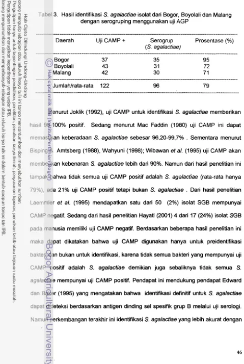Tabel 3. Hasil identifikasi S. agalactiae isolat dari Bogor, Boyolali dan Malang 