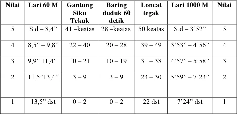 Tabel 3.Nilai Tes Kebugaran Jasmani Indonesia untuk Putra Umur 16-19 tahun. 