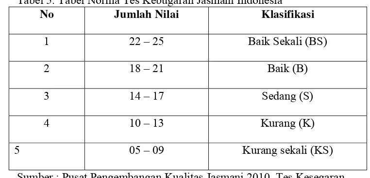 Tabel 5. Tabel Norma Tes Kebugaran Jasmani Indonesia 
