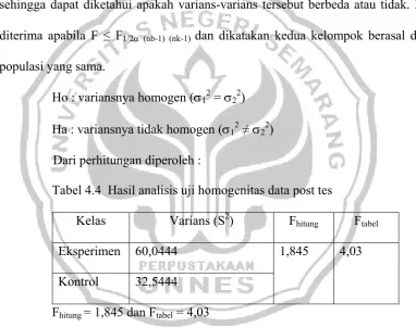 Tabel 4.4  Hasil analisis uji homogenitas data post tes  