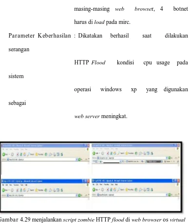 Gambar 4.29 menjalankan  script zombie HTTP flood di web browser os virtual 