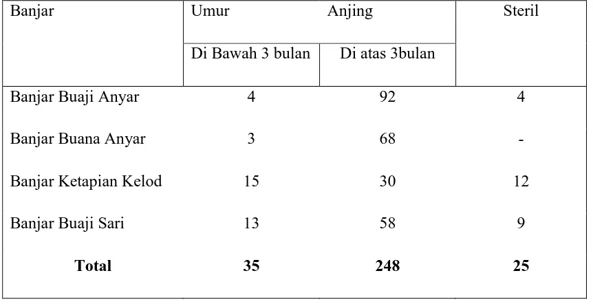 Tabel 3. Perbandingan Umur Anjing dan Status Sterilisasi di Tiap Banjar 