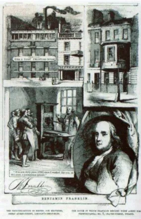 Gambar 2.1Cox & Sons pada tahun 1785. Sumber: Buku “Pengantar Desain menggunakan teknik T : Ilustrasi tentang Benyamin Franklin (1706-1790) woodcut yang dibuat oleh perusahaan percetakan Komunikasi Visual”, 2007 