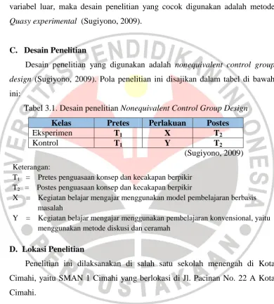 Tabel 3.1. Desain penelitian Nonequivalent Control Group Design 