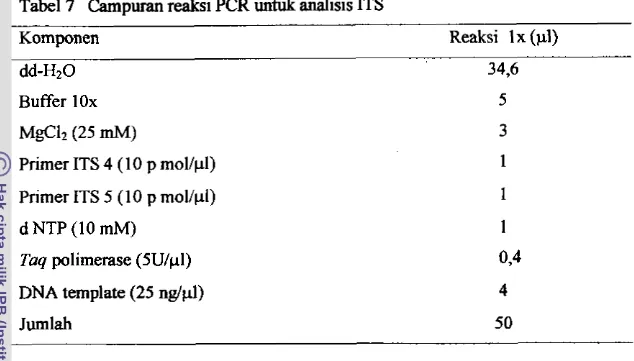 Tabel  7  Campuran reaksi PCR  mtuk  analisis  ITS 