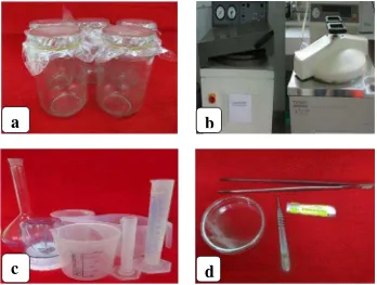 Gambar 4. Alat – alat yang digunakan; (a) botol kultur, (b) alat – alat sterilisasi,(c) alat pembuatan media, (d) alat – alat diseksi.