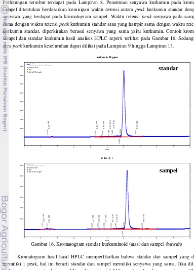 Gambar 16. Kromatogram standar kurkuminoid (atas) dan sampel (bawah) 