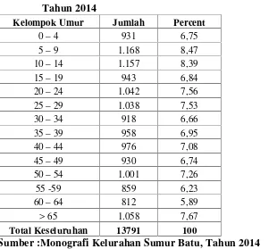 Tabel 3. Jumlah Penduduk Kelurahan Sumur Batu berdasarkan Umur,Tahun 2014