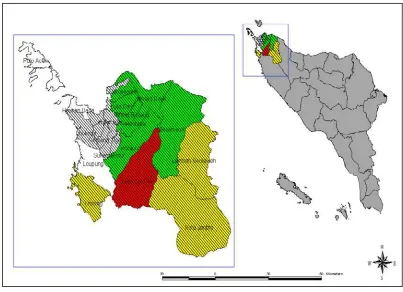 Gambar 4.1. Peta Endemisitas Malaria Per Kecamatan Tahun 2013 dan Lokasi Penelitian di Kabupaten Aceh Besar 