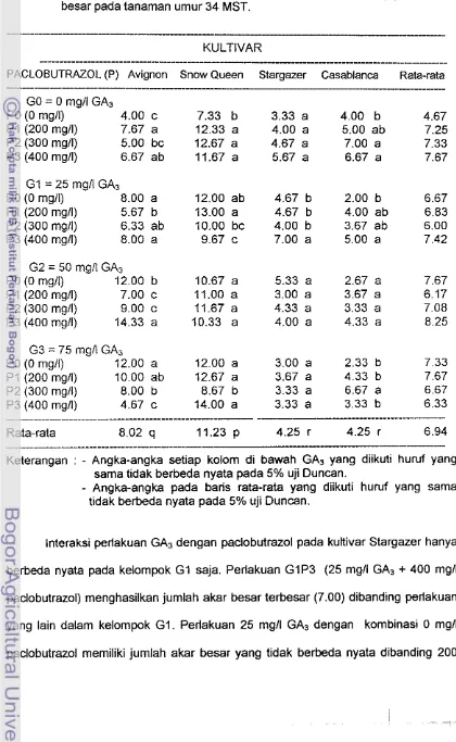 Tabel 10. lnteraksi perlakuan kultivar, GA3 dan paclobutrazol terhadap jumlah akar 