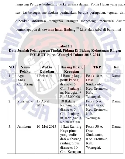 Tabel 2.1 Data Jumlah Pelanggaran Tindak Pidana Di Bidang Kehutanan Ringan 