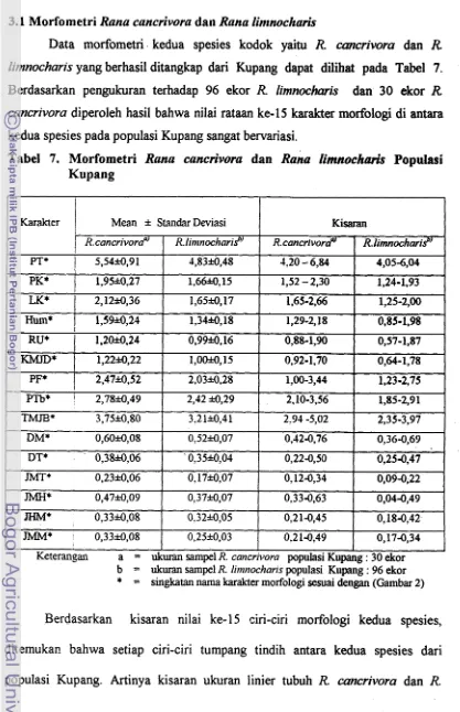 Tabel 7. Morfometri Rana cancrivora dan ~ a n a  Zimnochar* Populwi 