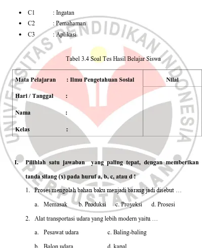 Tabel 3.4 Soal Tes Hasil Belajar Siswa 