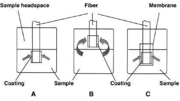 Gambar 3. Mode operasi SPME: ekstraksi langsung (A), ekstraksi                      headspace (B), dan ekstraksi dengan proteksi membran (C)